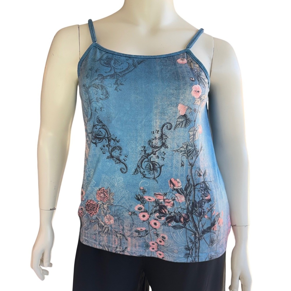 Blue Pink Floral Botanical Cami Tank Top  Fairycore Y2K Aesthetic Whimsigoth XL